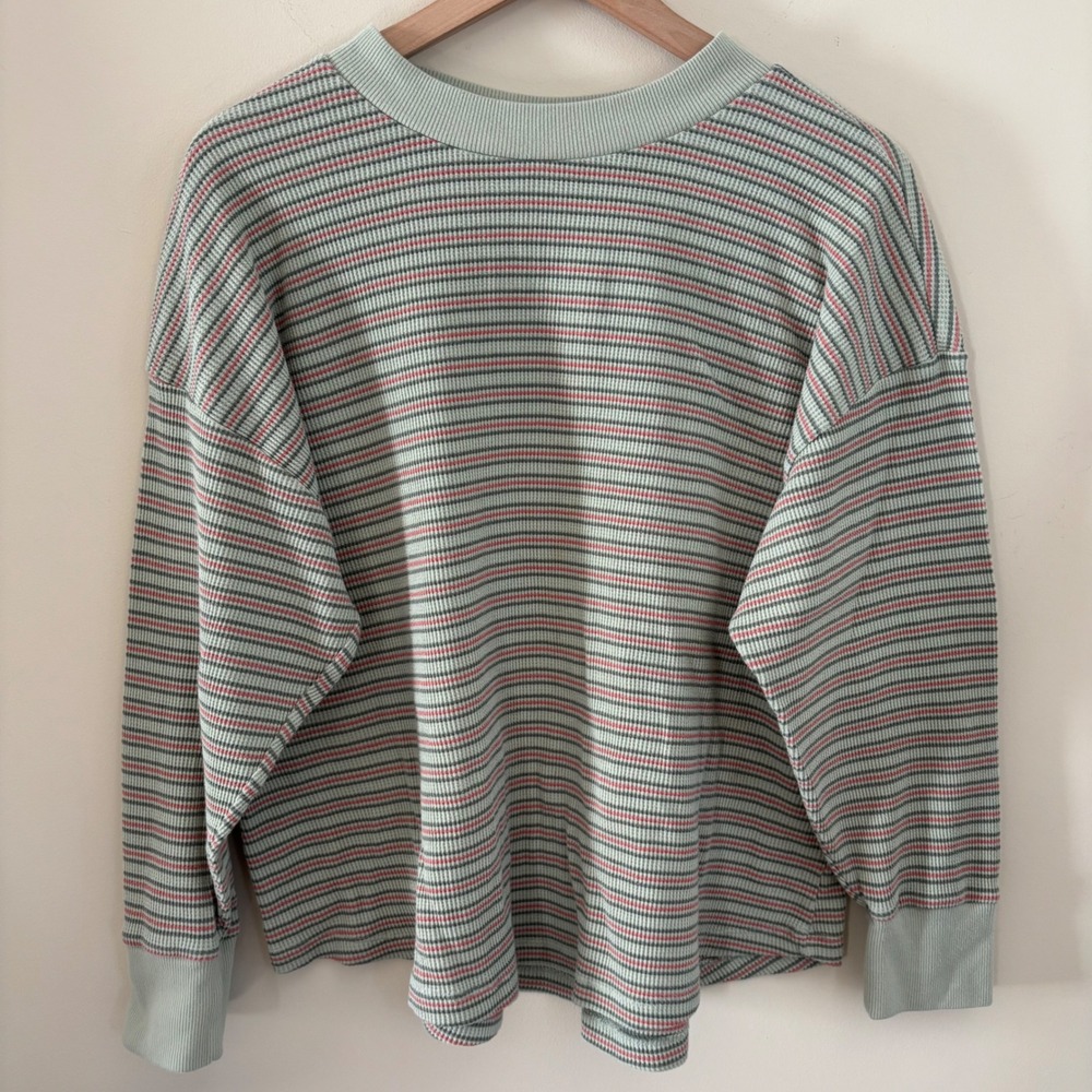 Sonoma Goods For Life XXL Sage Green Striped Waffle Knit Thermal Long Sleeve Top
